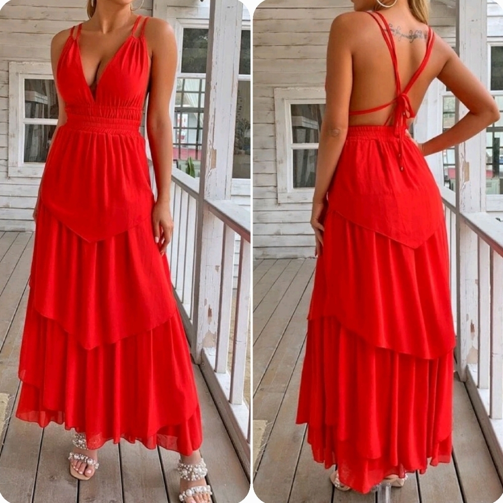 Red Tiered Maxi Dress with Open Back - Women's Summer Dress